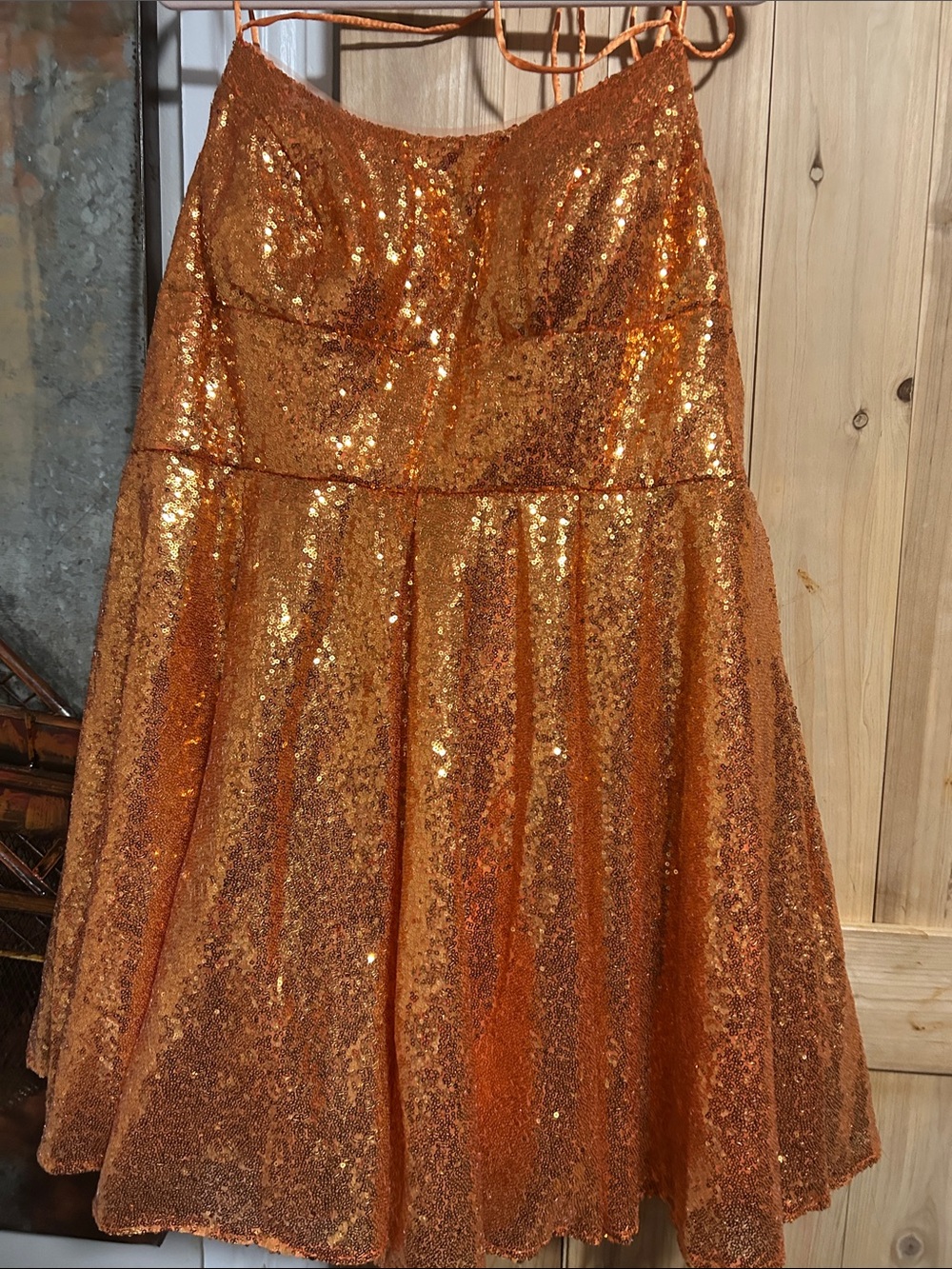Glittering Orange Sequin Formal Dress with Corset & Zip closure Spaghetti Straps